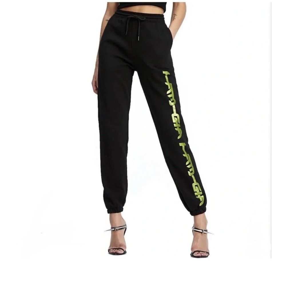 I.AM.GIA Aerglo Black High Rise Jogger Track Pants Neon Letter Graphic Sz Small